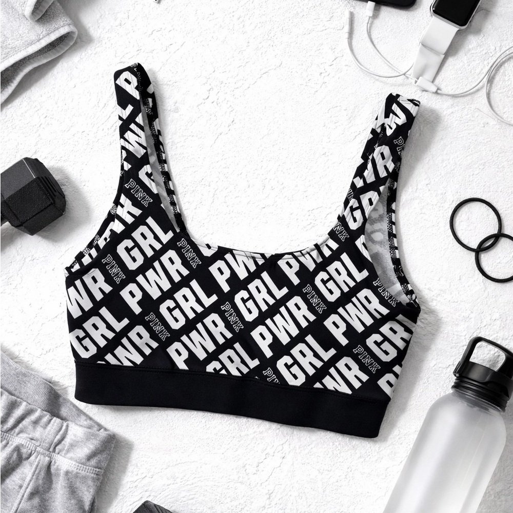 PINK Victorias Secret Girl Power Spell Out Black and White Sports Bra